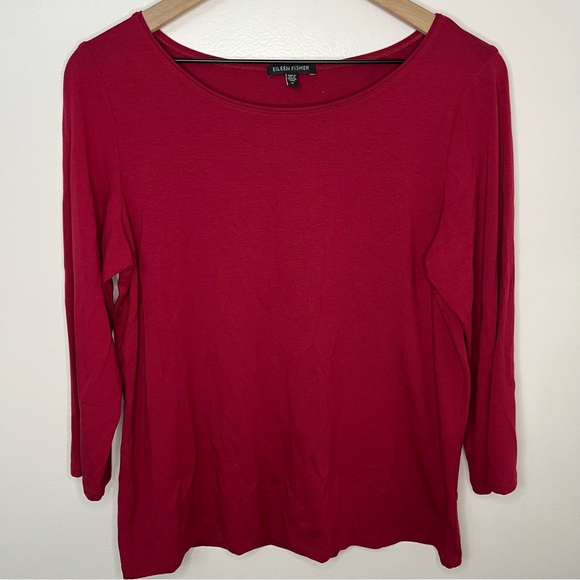 Eileen Fisher 3/4 Sleeve Red Top Women's Size Medium Casual Holiday Office Scoop - Picture 1 of 7
